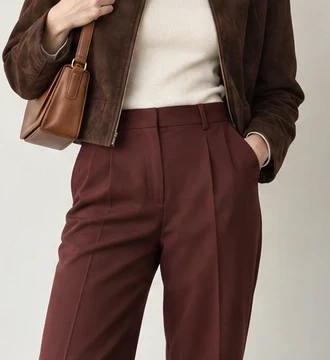 Chocolate outerwear, ivory knit and burgundy waistline